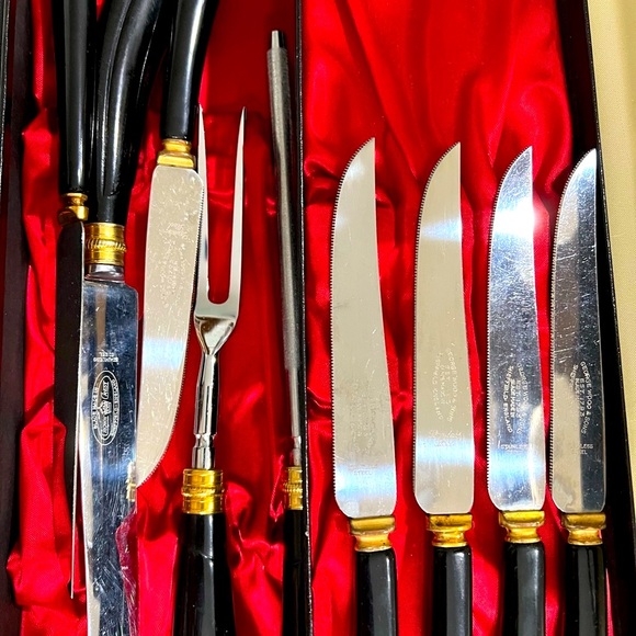 24KT GOLD Plate 3 PC Carving Set with 6 Steak Knives in Original Box ENGLAND. - Picture 7 of 13